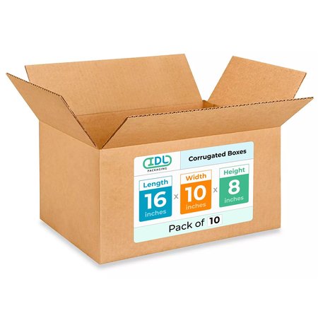IDL PACKAGING 16L x 10W x 8H Corrugated Boxes for Shipping or Moving, Heavy Duty, 10PK B-16108-10